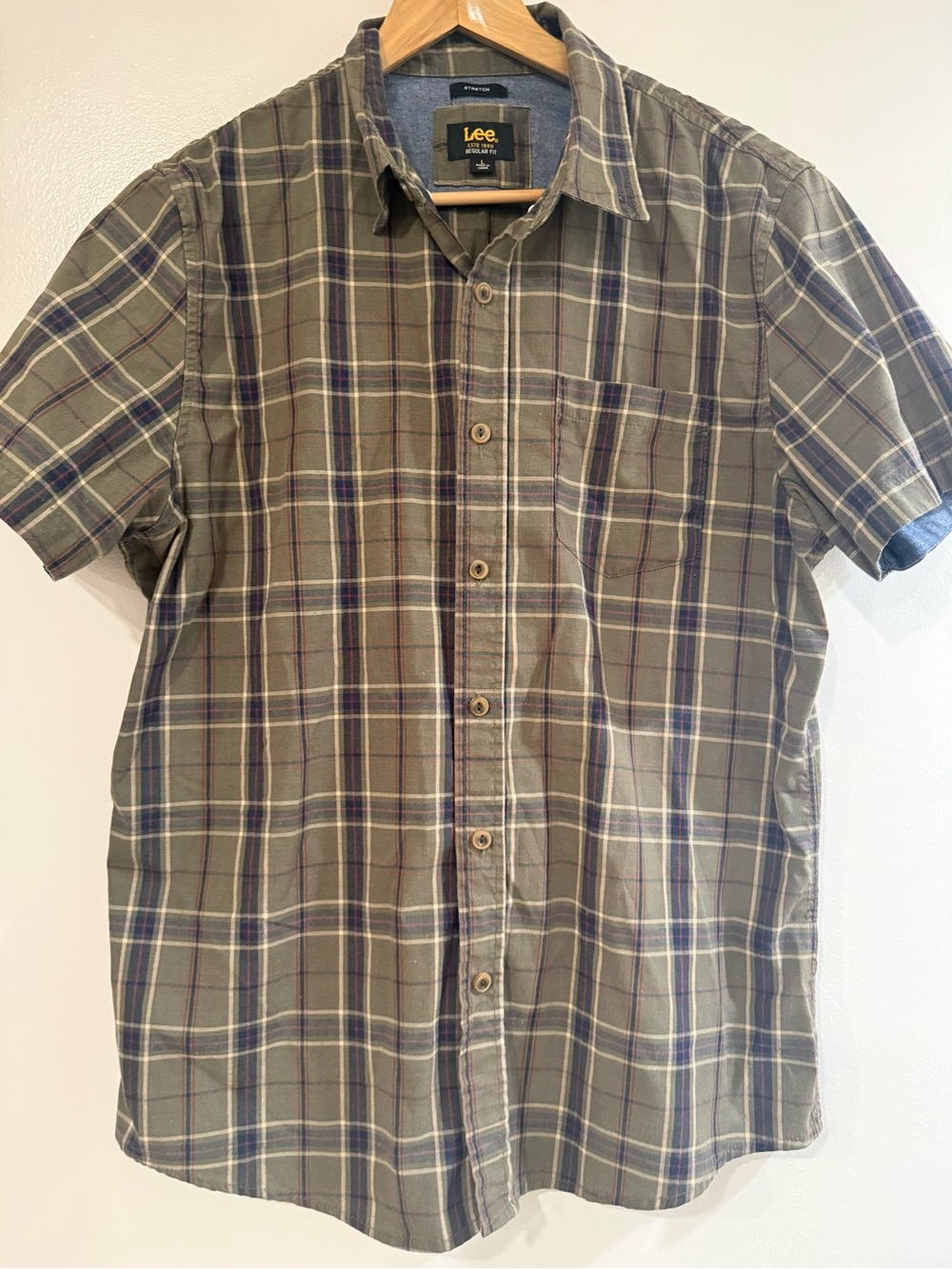 Lee Olive and Navy Plaid Short-Sleeve Button-Down Shirt men's large classic